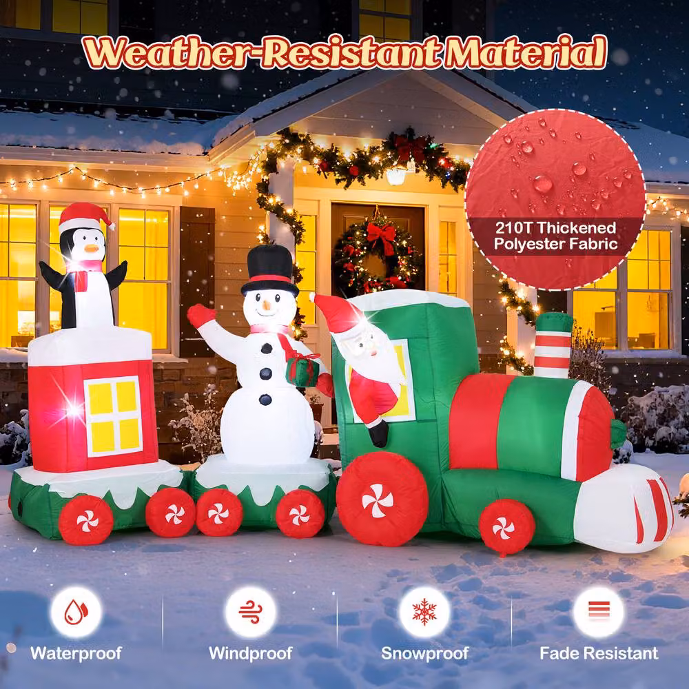 Gymax Red and Multicolour Christmas Inflatable Santa Claus Driving Train with LED Lights – 6