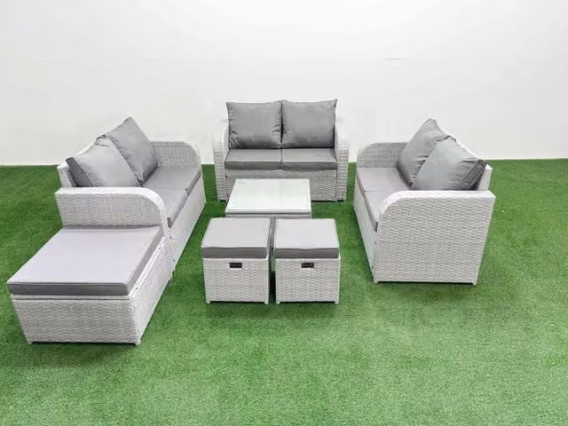 Fimous 9 Seater PE Wicker Rattan Garden Furniture Set in Light Grey with Square Coffee Table, 2 Seater Sofa and 3 Ottomans