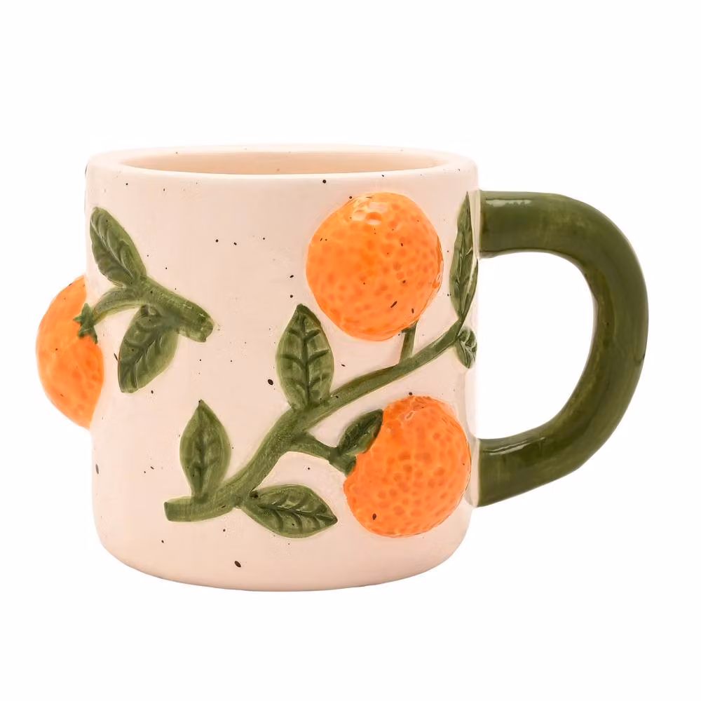 Hestia Set of 2 White Ceramic Floral Mugs with Orange and Green Details – 2
