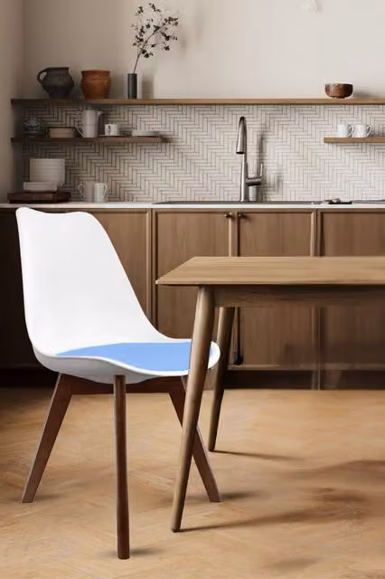 Fusion Living Soho Plastic Dining Chair with Dark Wood Legs in Light Blue