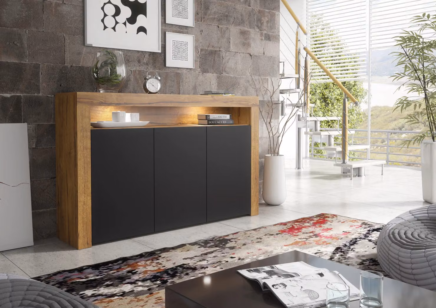 Mex Furniture LTD Modern Brown Sideboard with Matt Doors and Integrated LED Lighting, W: 155 cm, H: 92 cm, D: 40 cm – 4