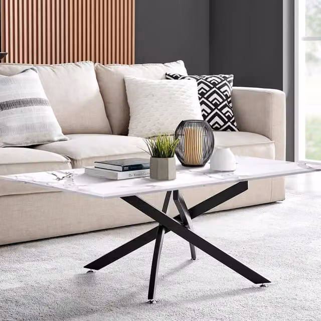 FurnitureboxUK Leonardo Coffee Table with White Marble Effect Glass Top and Black Metal X-Frame Legs