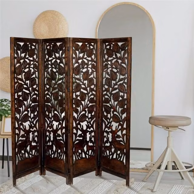 Topfurnishing 4 Panel Hand Carved Floral Wooden Room Divider Screen in Brown and White