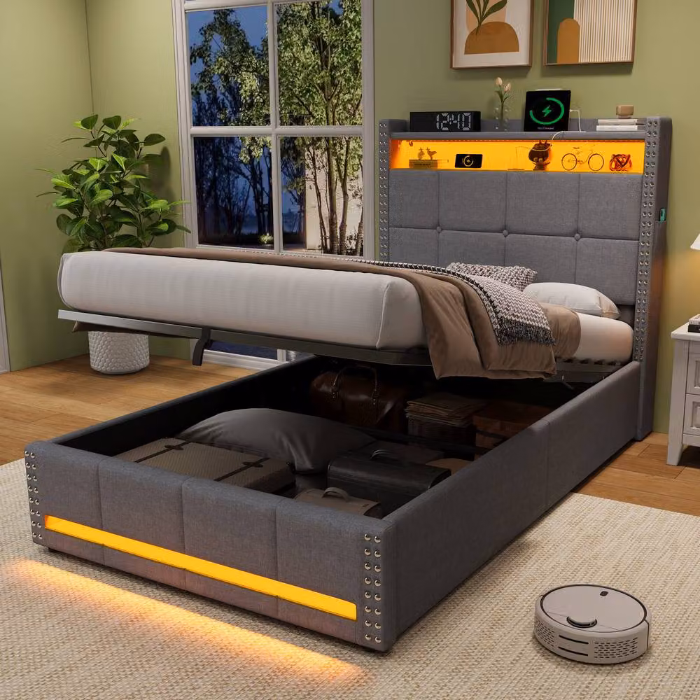 Rolipo Single Upholstered Ottoman Bed in Grey with LED Lighting, USB Charging Port and Under-Bed Storage, W/D/H: 140 x 200 cm – 3
