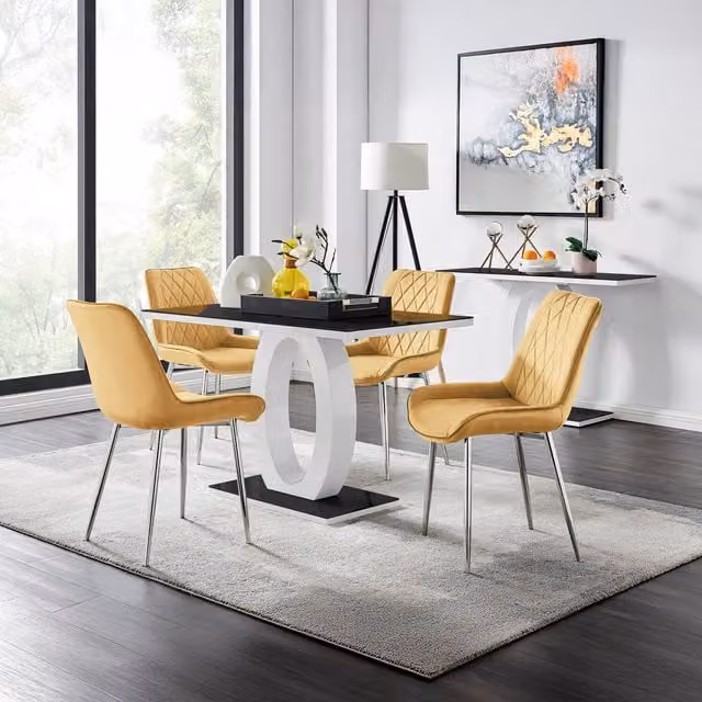 FurnitureboxUK Giovani Black Rectangular Glass Dining Table and Four Yellow Velvet Pesaro Chairs with Silver Legs