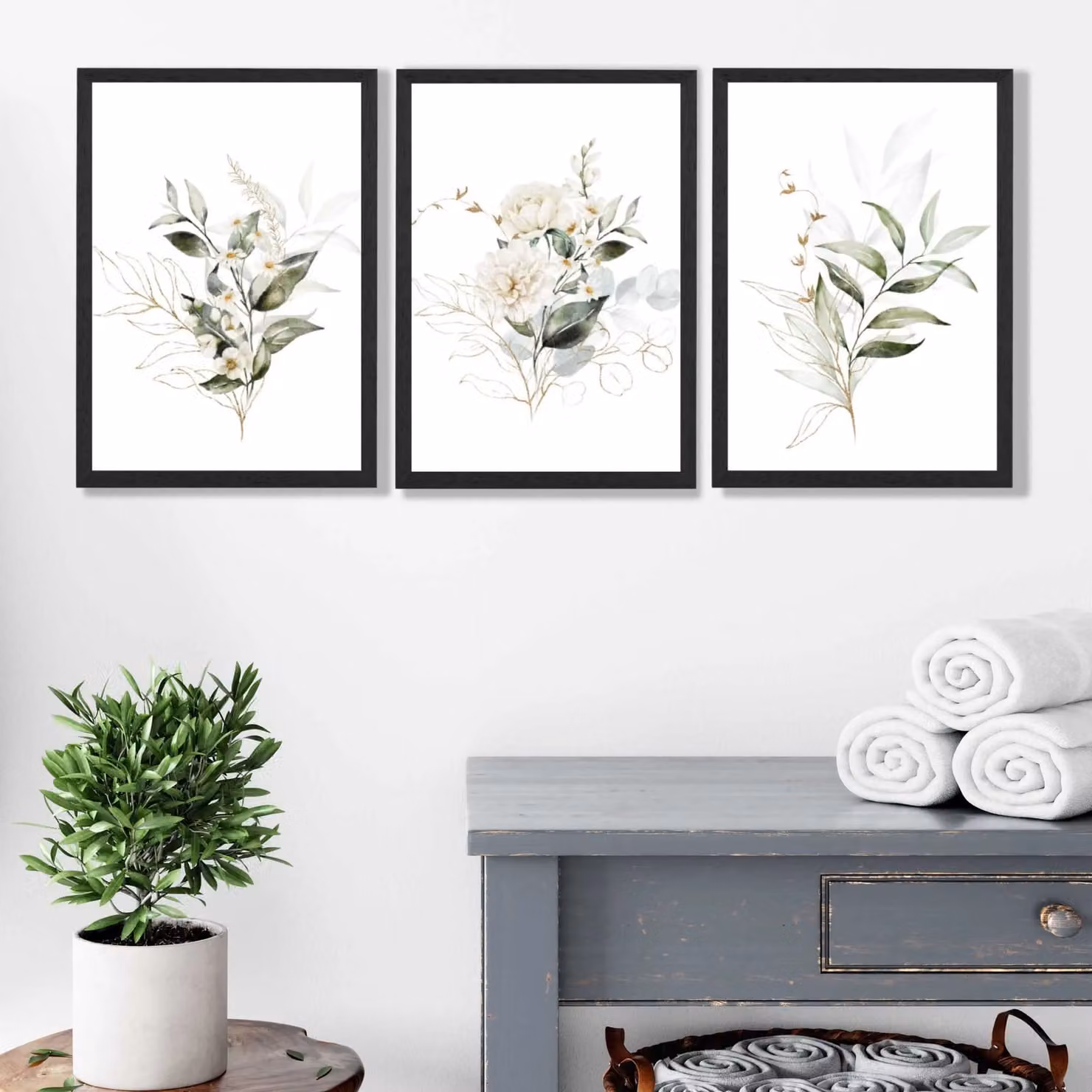 ARTZE Set of 3 White and Green Floral Botanical Wall Art Prints with Black Frames – 2