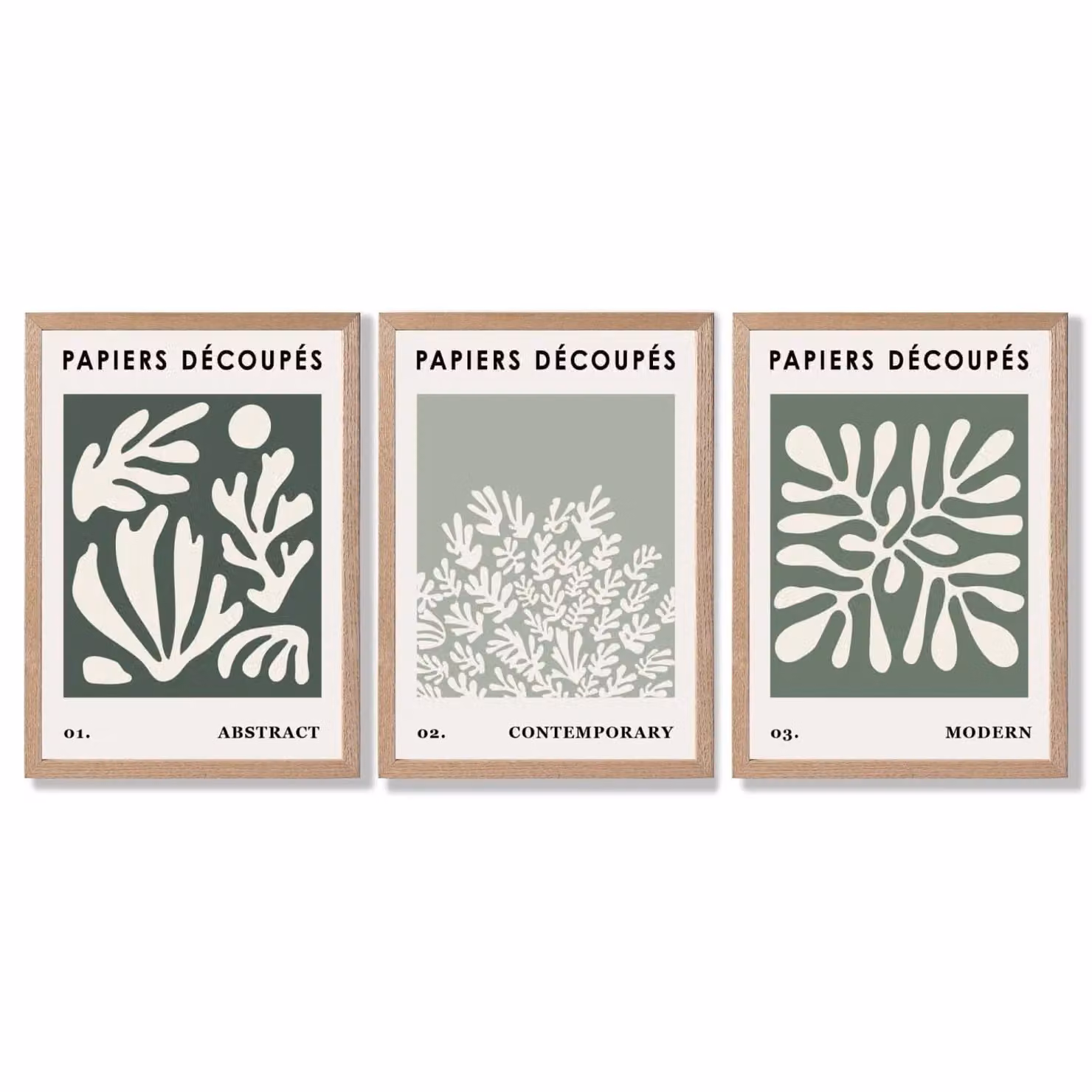 ARTZE Matisse Floral Set of 3 Wall Art Prints in Green and Sage with Oak Wood Frame, W: 53 cm, H: 73 cm, D: 2 cm – 2