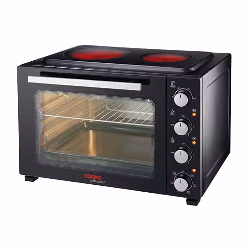 Cooks Professional Mini Portable Oven with Ceramic Hobs, Black and Silver, 48L Capacity