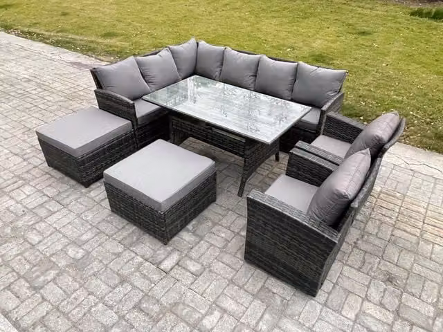 Fimous 10 Seater Outdoor Rattan Garden Furniture Set in Dark Grey with Rectangular Dining Table, 2 Armchairs and 2 Footstools