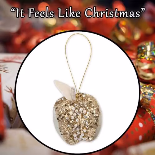 VFM e-Store Christmas Velvet Apple Hanging Decoration in Gold and Green, H 13 cm x W 8 cm – 6