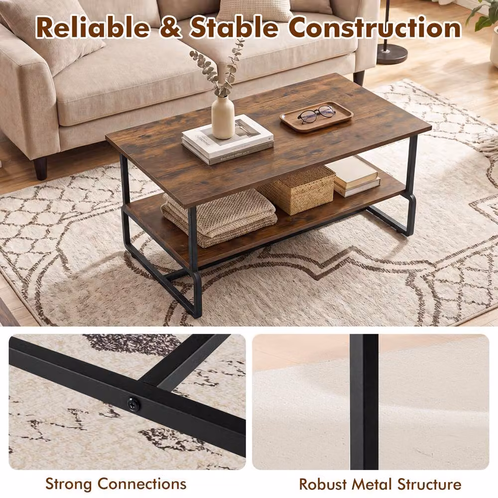 Gymax Industrial Double Tier Rectangular Coffee Table in Brown – 6
