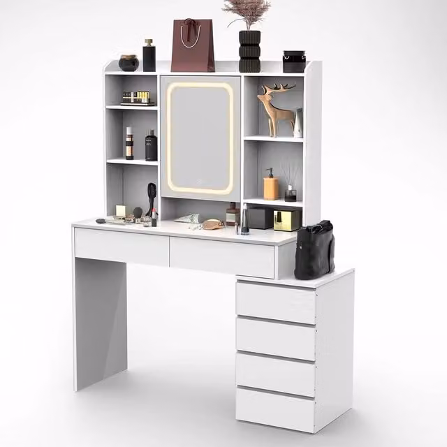 FORGEVIO Modern White Glossy Dressing Table with 6 Drawers and Hollywood LED Mirror Set – 1