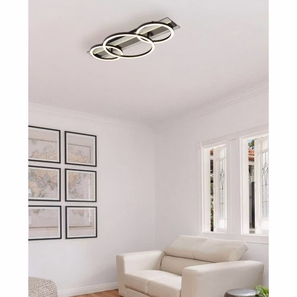 Netlighting Norberto Triple Ring LED Semi Flush Ceiling Light in Black and Silver with 4000K Cool White Light – 2