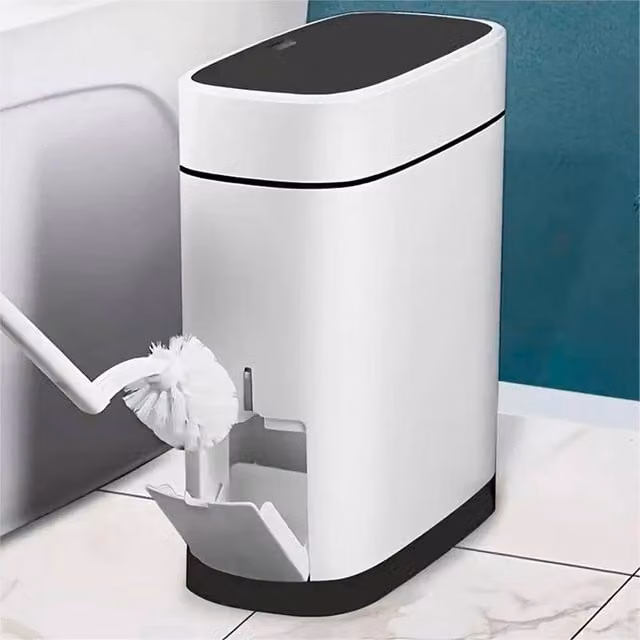 SPETLEK 14L Narrow White Plastic Touch Trash Can with Toilet Brush Holder