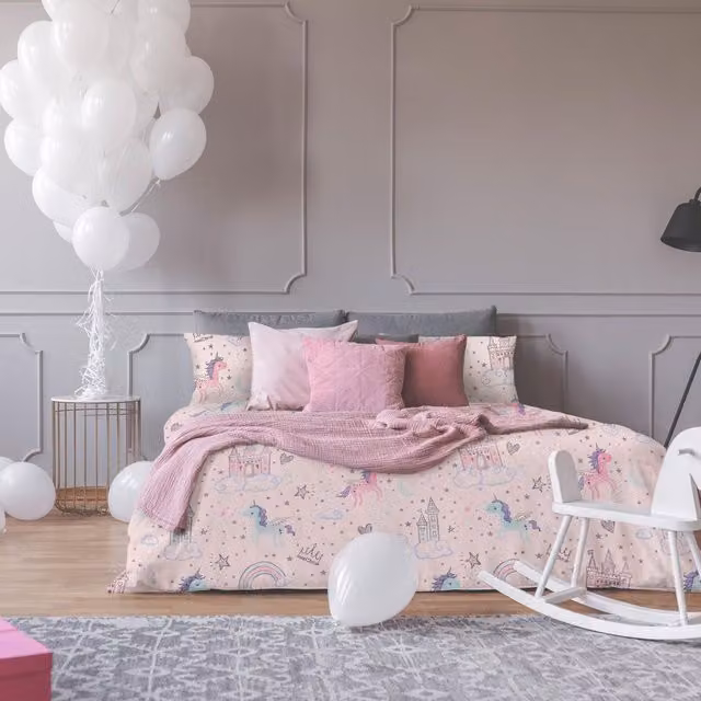 OHS Unicorn Kingdom Reversible Duvet Cover and Pillowcase Set, Pink, W/D/H: 135 x 200 cm and 90 x 200 cm