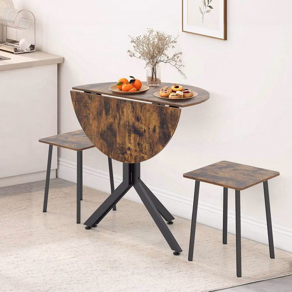 Costway 3-Piece Industrial Round Drop Leaf Dining Table Set in Brown – 3
