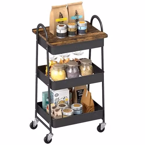 HOMCOM 3-Tier Freestanding Storage Trolley with Covered Top Board in Rustic Brown and Black, W: 32.0 cm, D: 45.0 cm, H: 77.5 cm – 1