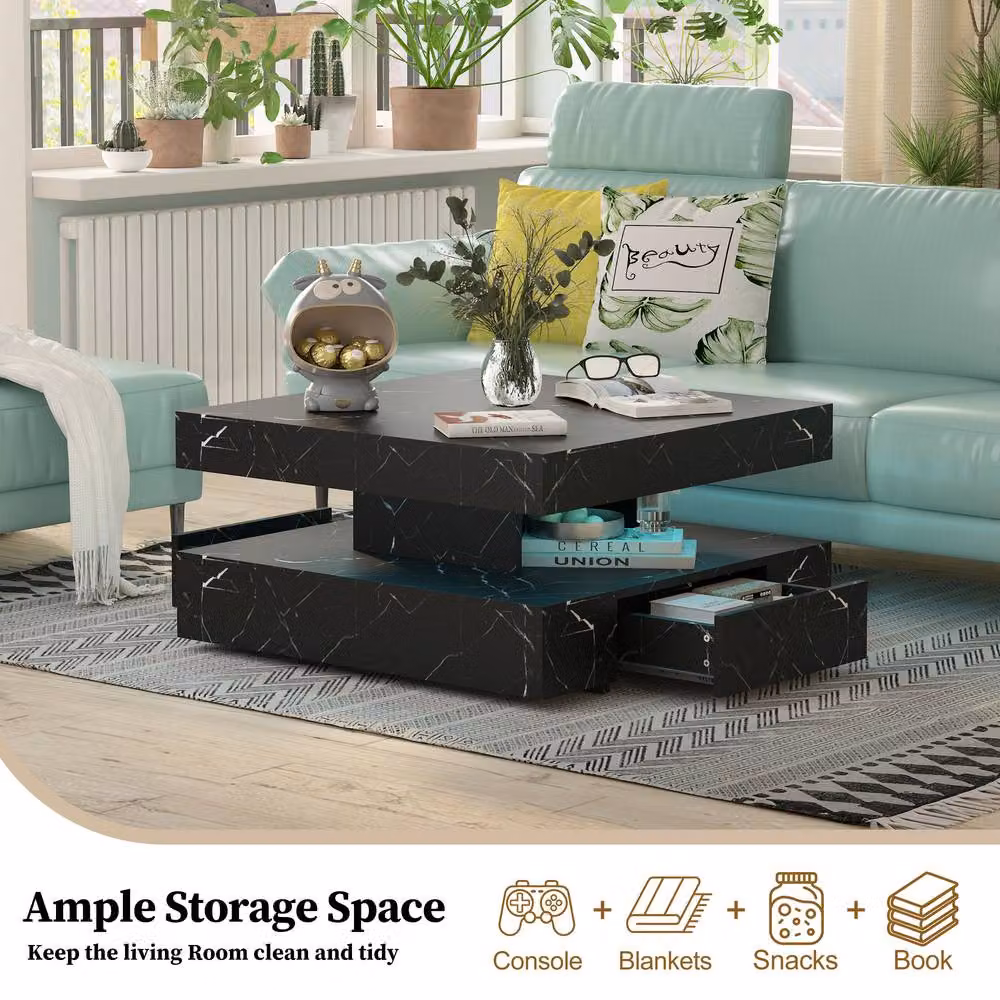 KEEPREAPER Modern Sleek LED Coffee Table with 2 Storage Drawers in Black Marble Finish – 3