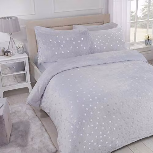 Sleepdown Grey Polka Dot Foil Fleece Duvet Cover and Pillowcase Set – 1