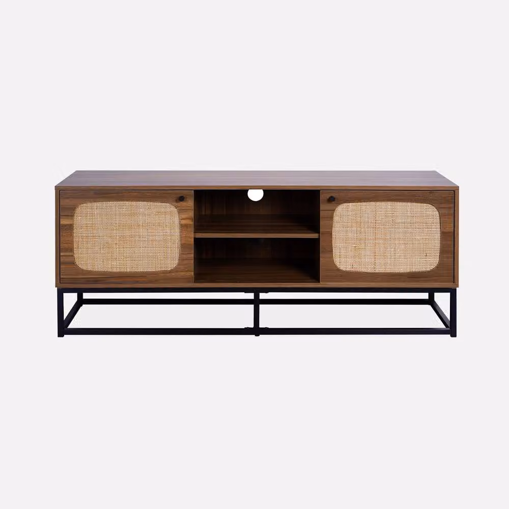 Sweekeet Retro TV Unit with Rounded Cane and 2 Doors in Light Brown, W: 140 cm, D: 40 cm, H: 55 cm – 2