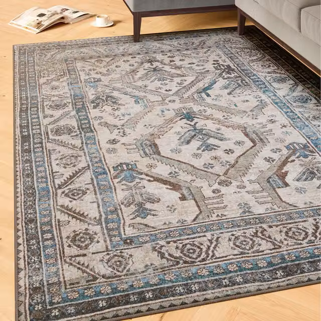 The Rug House Vintage Washable Rectangular Area Rug in Grey and Beige, W: 120 cm, L: 170 cm