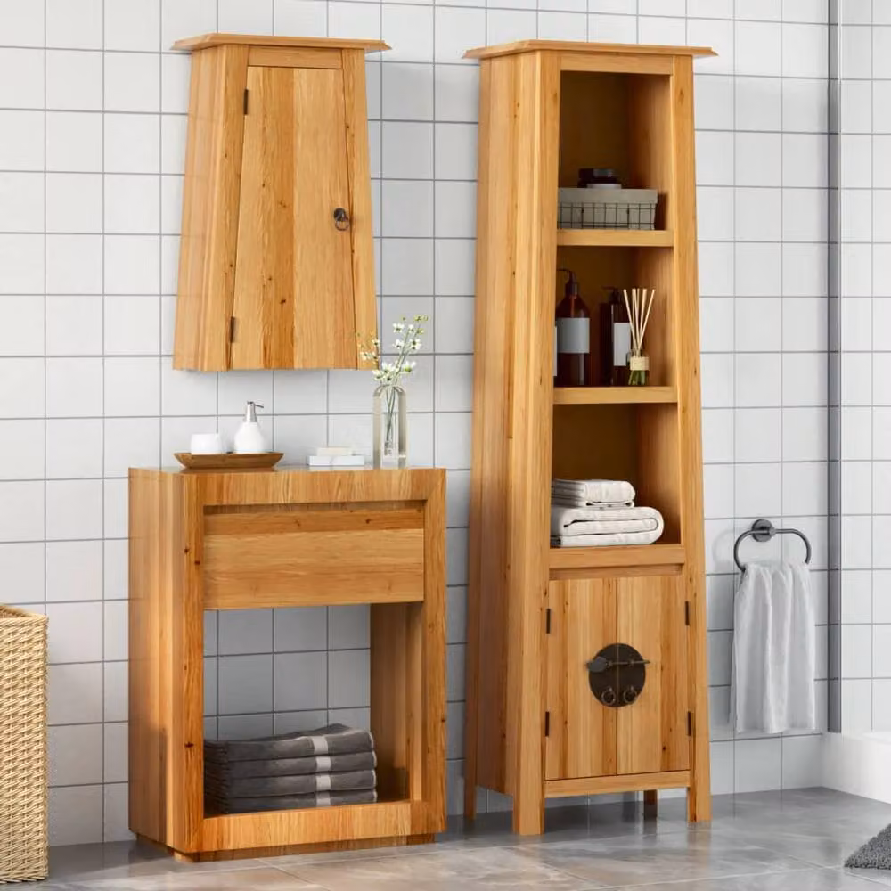 Berkfield Home Beautiful 2 Piece Vintage Solid Wood Pine Bathroom Furniture Set in Brown, featuring a Tall Cabinet and Wall Cabinet – 2
