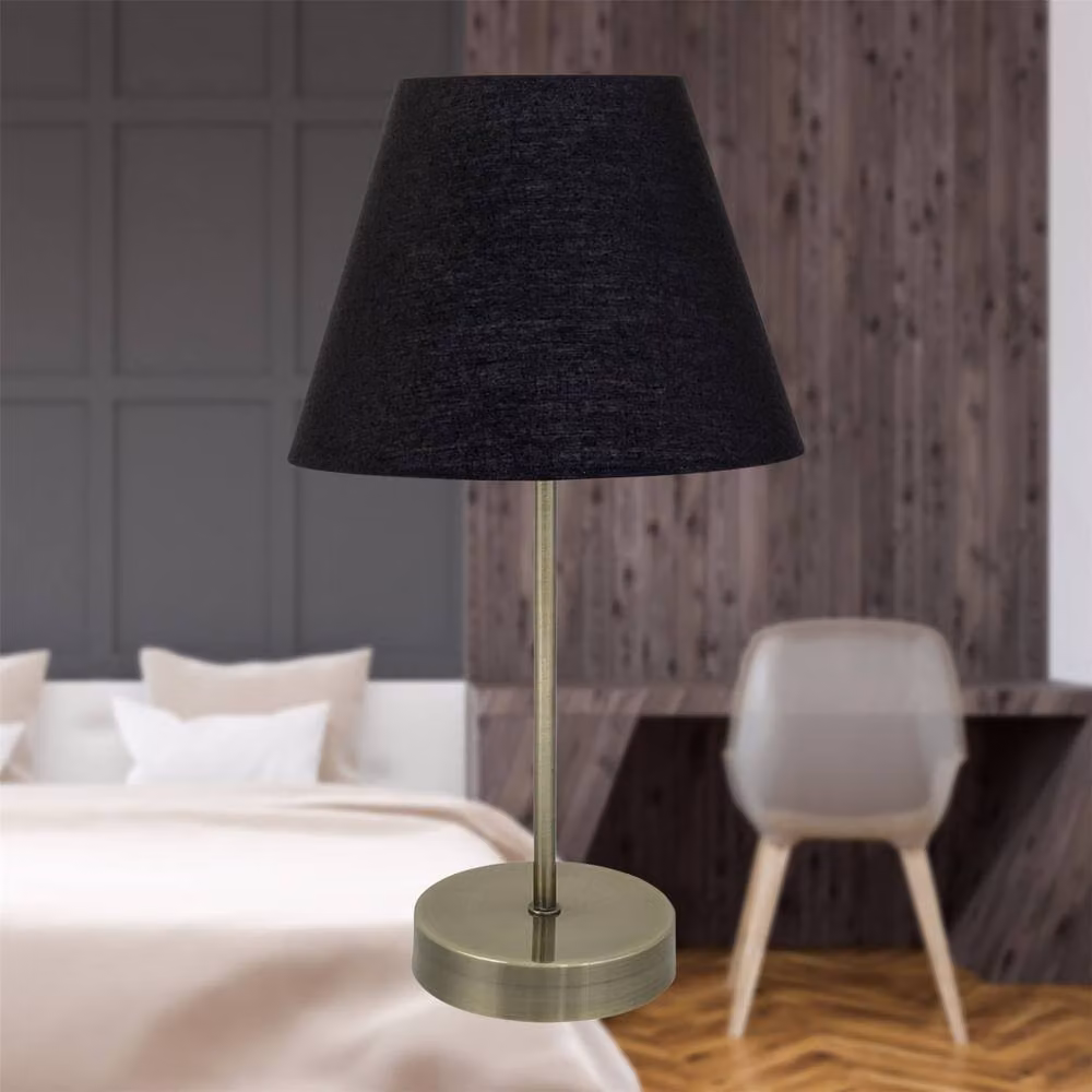 First Choice Lighting Set of 2 Antique Brass Stick Table Lamps with Black Fabric Shades – 2
