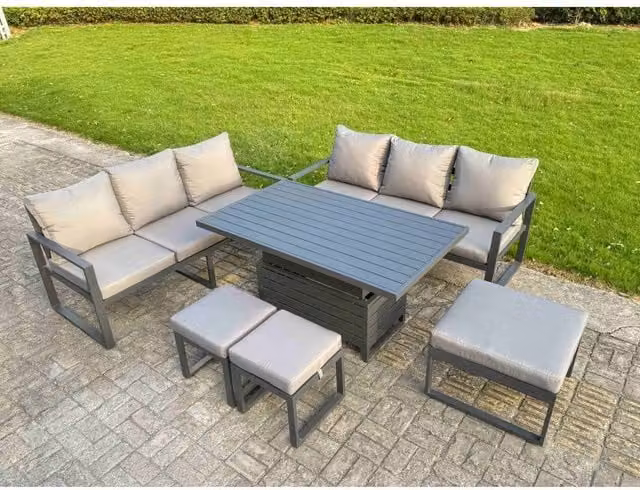 Fimous 6-Piece Powder Coated Aluminium Outdoor Sofa Set in Dark Grey with Lifting Table, Cushions and Ottomans