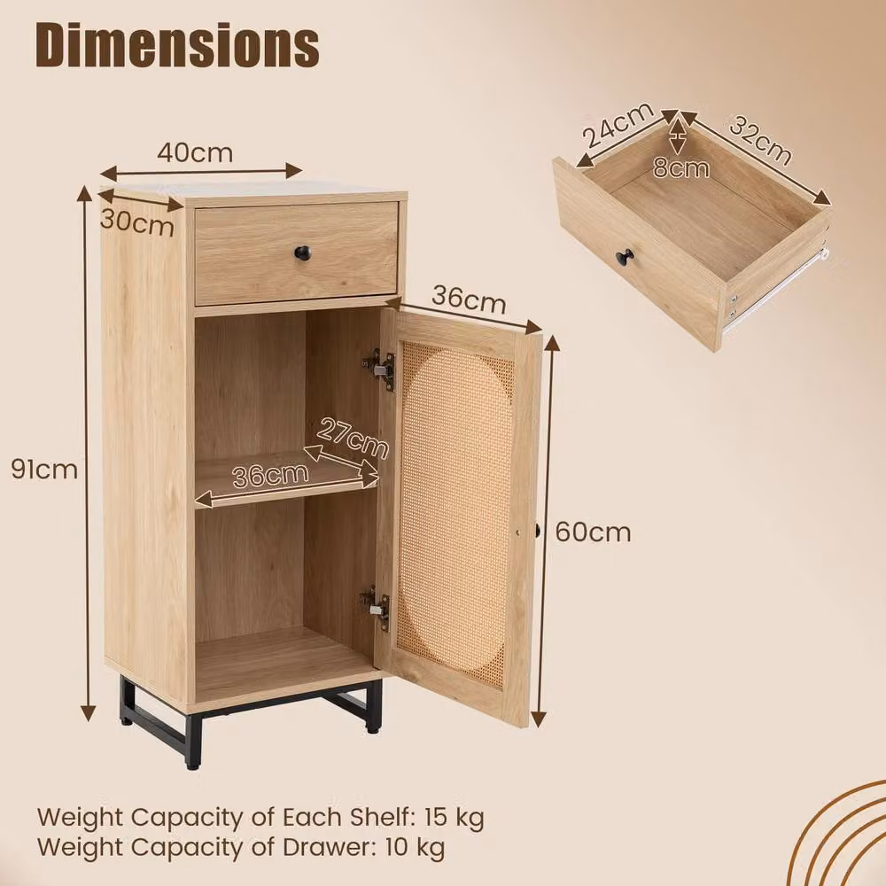 Costway PE Rattan Storage Floor Cabinet with Slide Out Drawer and Soft Close Hinged Doors in Beige – 3