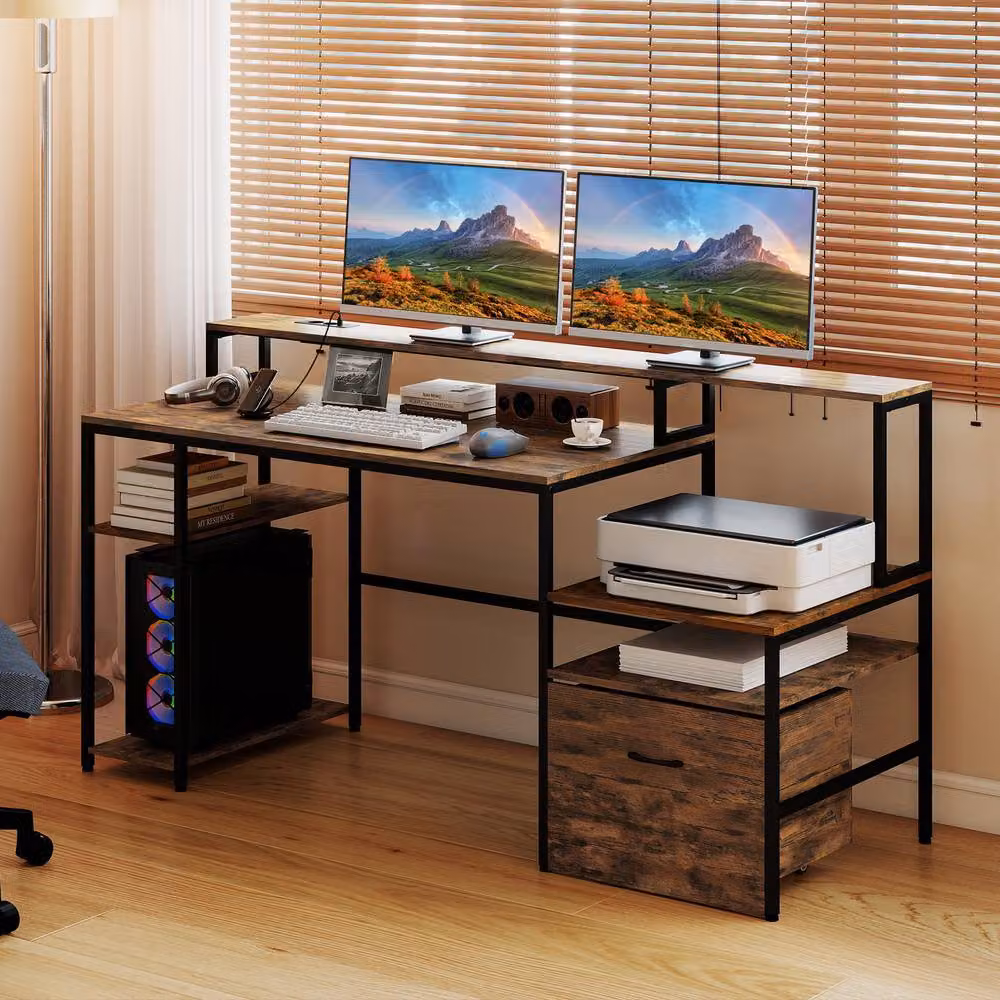 Gymax Brown Industrial Computer Desk with Multi-tiered Serving Tiers and Charging Station – 3