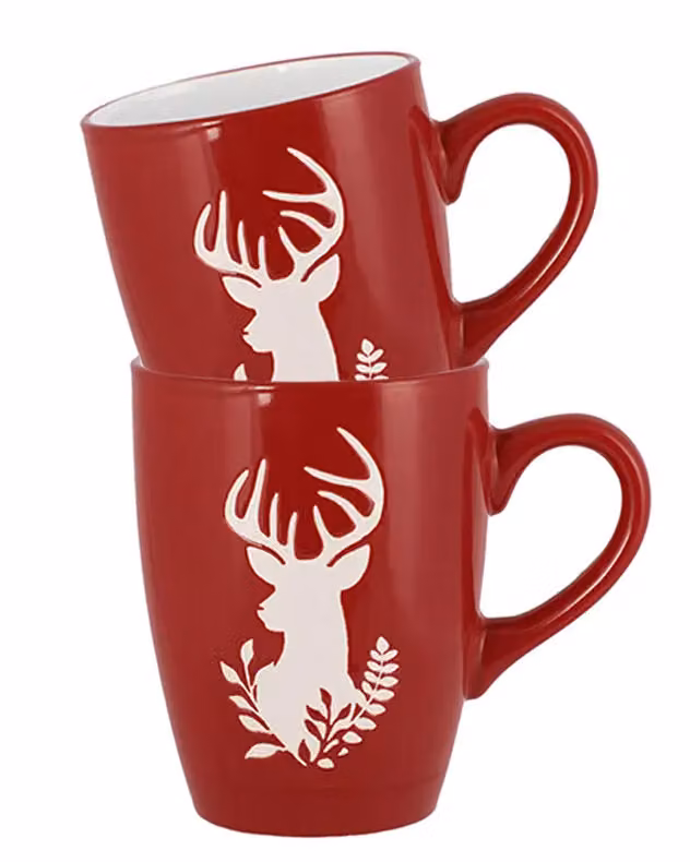 Dibor Set of 6 Red and White Reindeer Ceramic Mugs, 310ml per mug – 2