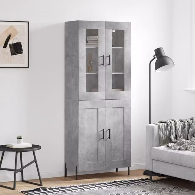 Berkfield Home Highboard in Concrete Grey with Glass Doors and Internal Shelves, W/D/H: 69.5 x 34 x 180 cm