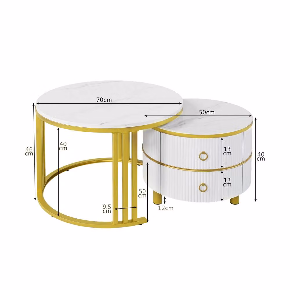 Merax Modern 2-Piece Round Nesting Coffee Table Set with White Marble Effect MDF Tops and Metal Sled Base – 2