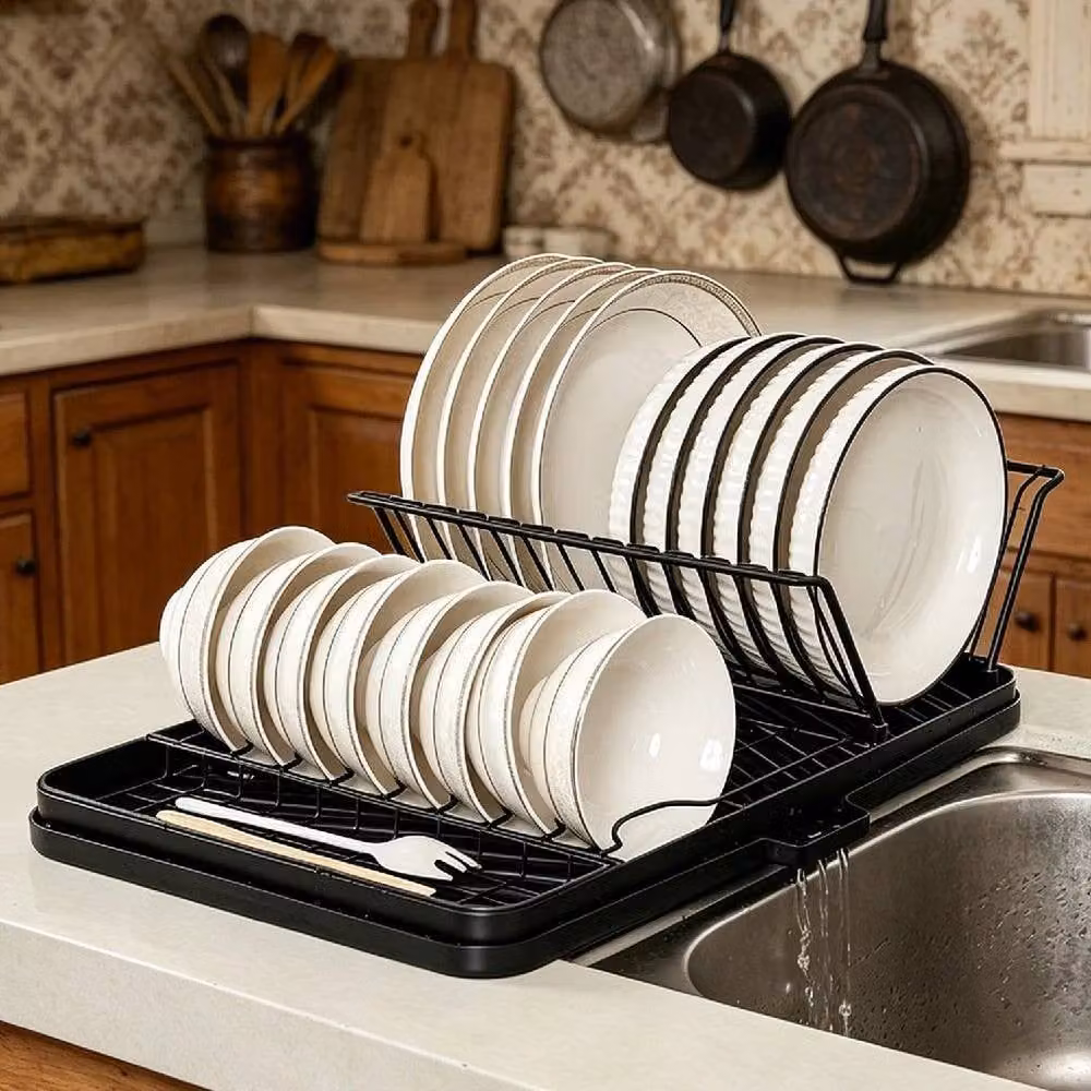 FLAVORA Large Dish Drainer Drying Rack and Utensil Holder in Black Carbon Steel – 2