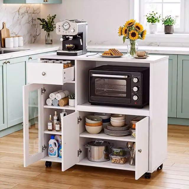 EONLION White Kitchen Island Sideboard with Microwave Shelf and Castors – 1