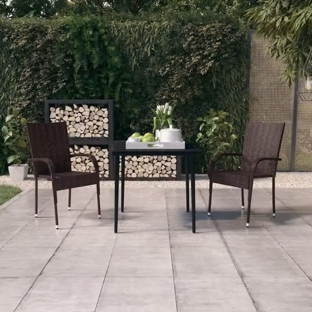 Berkfield Home 3 Piece Modern Garden Dining Set in Brown and Black with Glass Top and Powder Coated Steel Frame – 1