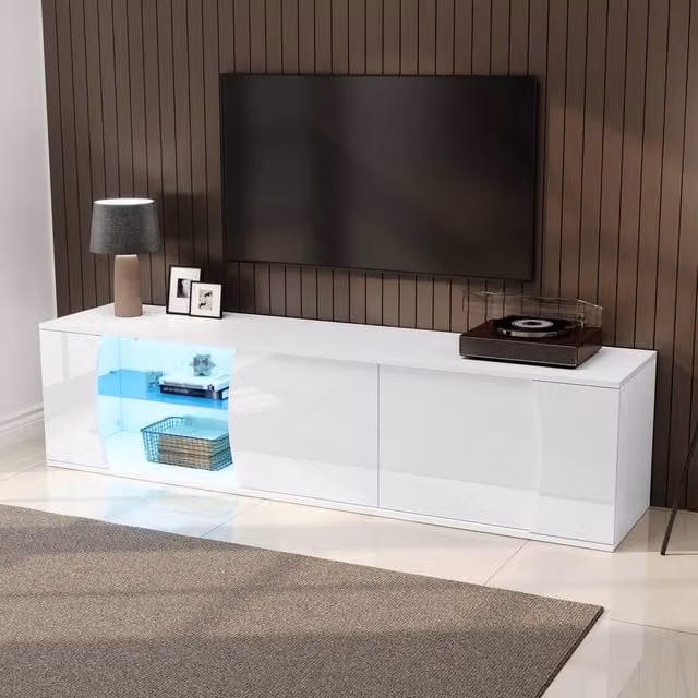 ModernLuxe Modern White Glossy TV Cabinet with LED Lights, 3 Doors and Glass Cabinet, W/D/H: 180.0 x 40.0 x 45.0 cm