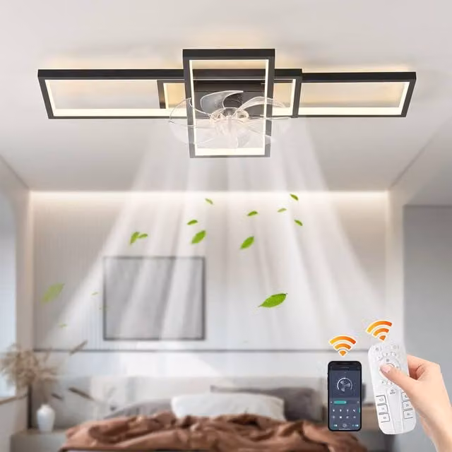 NIVOR Dimmable LED Ceiling Fan with 3 Lights, 6-Speed Flush Mount with Remote Control, Black – 1