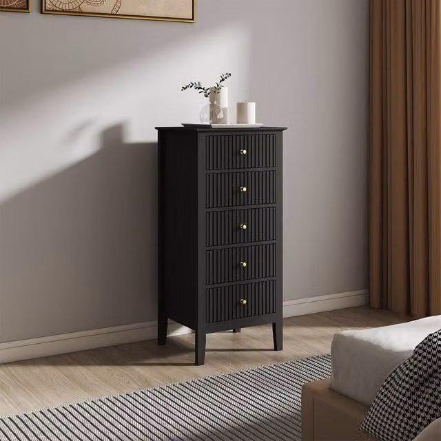 Melody Maison Hales Black Tall 5 Drawer Bedside Table with Gold Accents