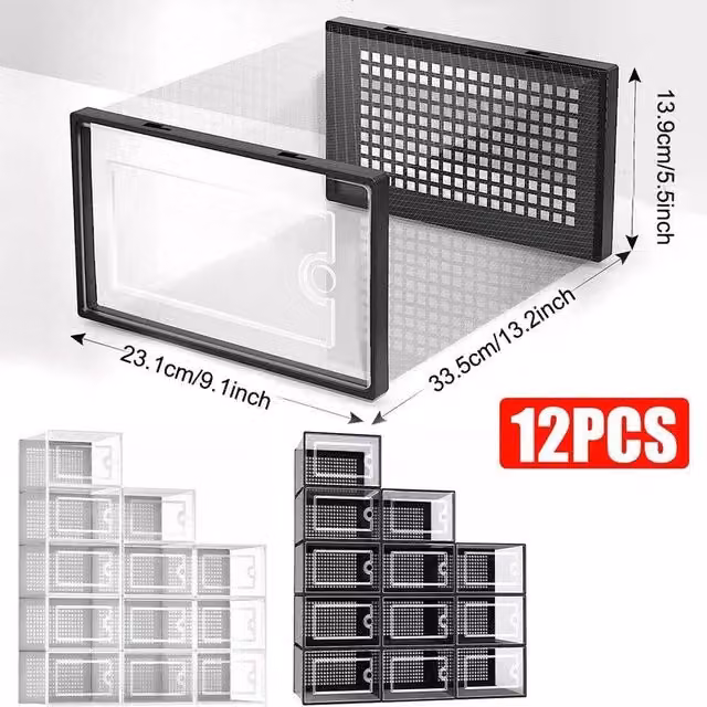 NESTLUNE 12 Pack Stackable and Foldable Black and Transparent Plastic Trainer Organisers