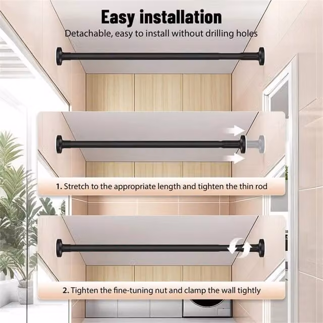 EONLION Black Extendable Telescopic Shower Curtain Tension Rod Rail