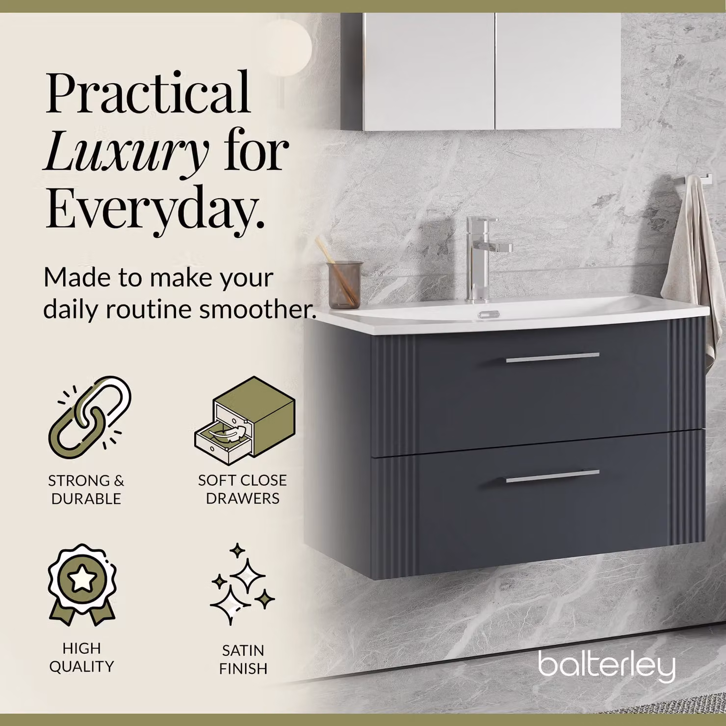 Balterley Wall Mounted 2 Drawer Bathroom Vanity Unit with Basin in Anthracite Grey, W/D/H: 80 x 39.5 x 53 cm – 3