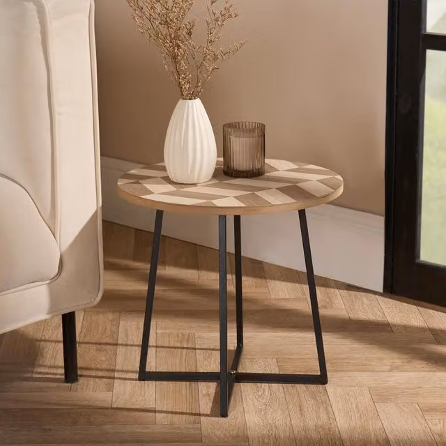 OHS Round Herringbone Wooden Side Table in Brown