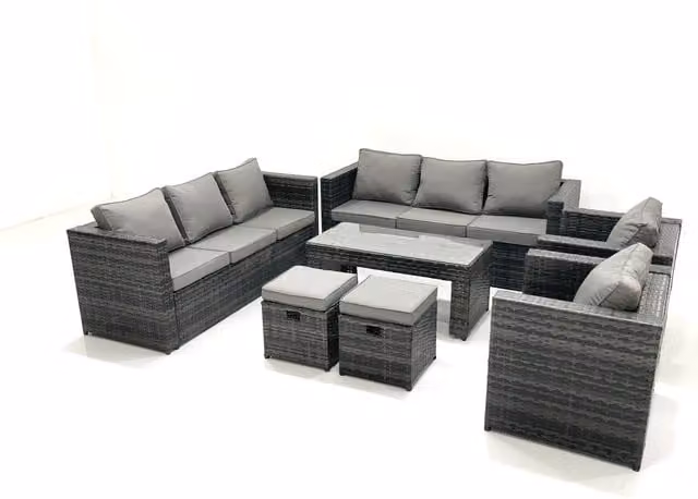 Fimous Rattan Garden Furniture Set with Coffee Table, Armchair, and Ottomans in Anthracite Grey