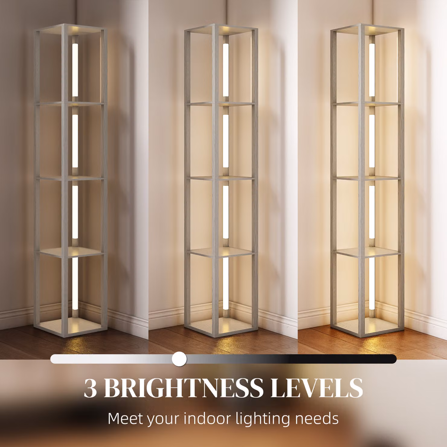 HOMCOM Modern LED Floor Lamp with Shelves and Warm White Light in White and Wood Finish – 3