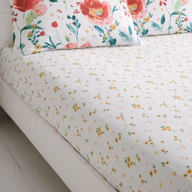 Dreams & Drapes Abstract Poppy Floral Fitted Sheet in White and Yellow