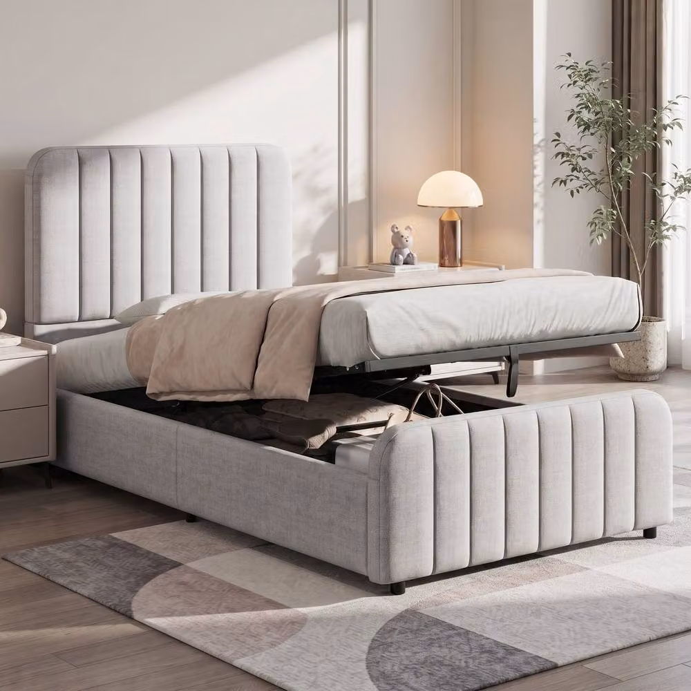 Rolipo Modern Upholstered Ottoman Storage Bed Frame in Grey, W/D/H: 90 x 190 cm – 2