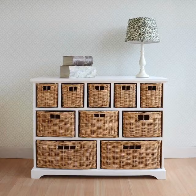 Statement Furniture Tetbury 10 Drawer Storage Unit with Wicker Baskets in White and Grey