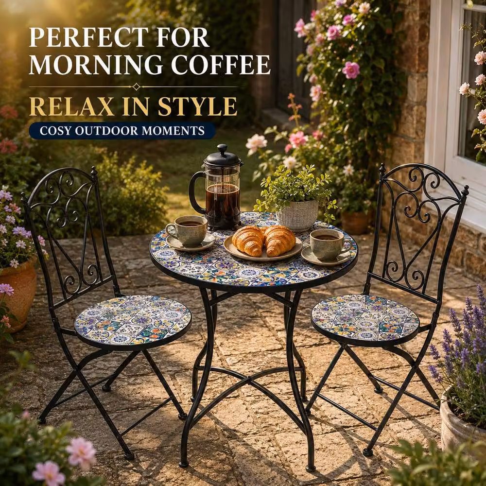 Shatchi Mediterranean Mosaic Bistro Set with Round Ceramic Table and 2 Folding Metal Chairs in Multicolour – 7