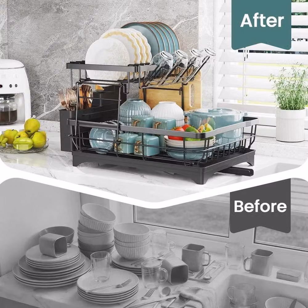 NESTLUNE 2 Tier Stainless Steel Dish Drainer Rack in Black with Drip Tray W: 100 cm, D: 15 cm, H: 15 cm – 5